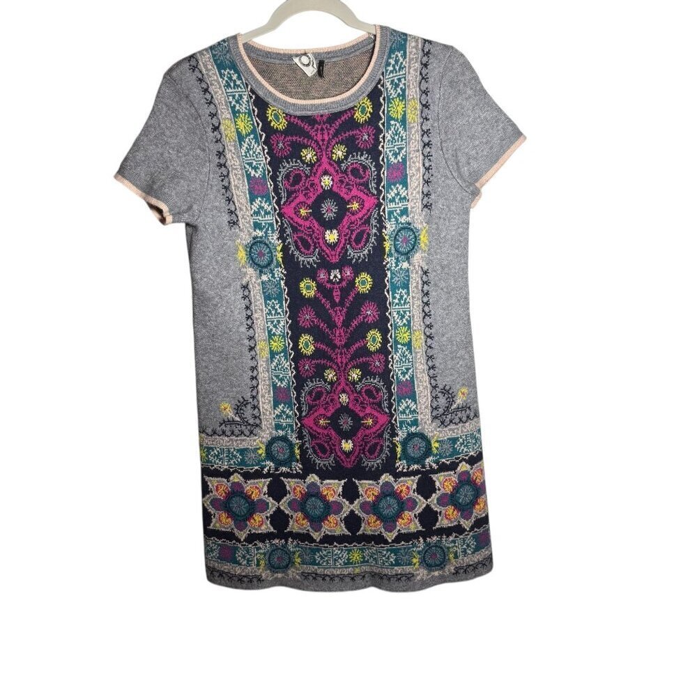 Anthropologie Akemi + Kin Embroidered Gray Knit Short Sleeve Tunic Dress S